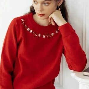 Simple Retro Red Floral Embroidered Crewneck Sweater size small cottagecore 70s